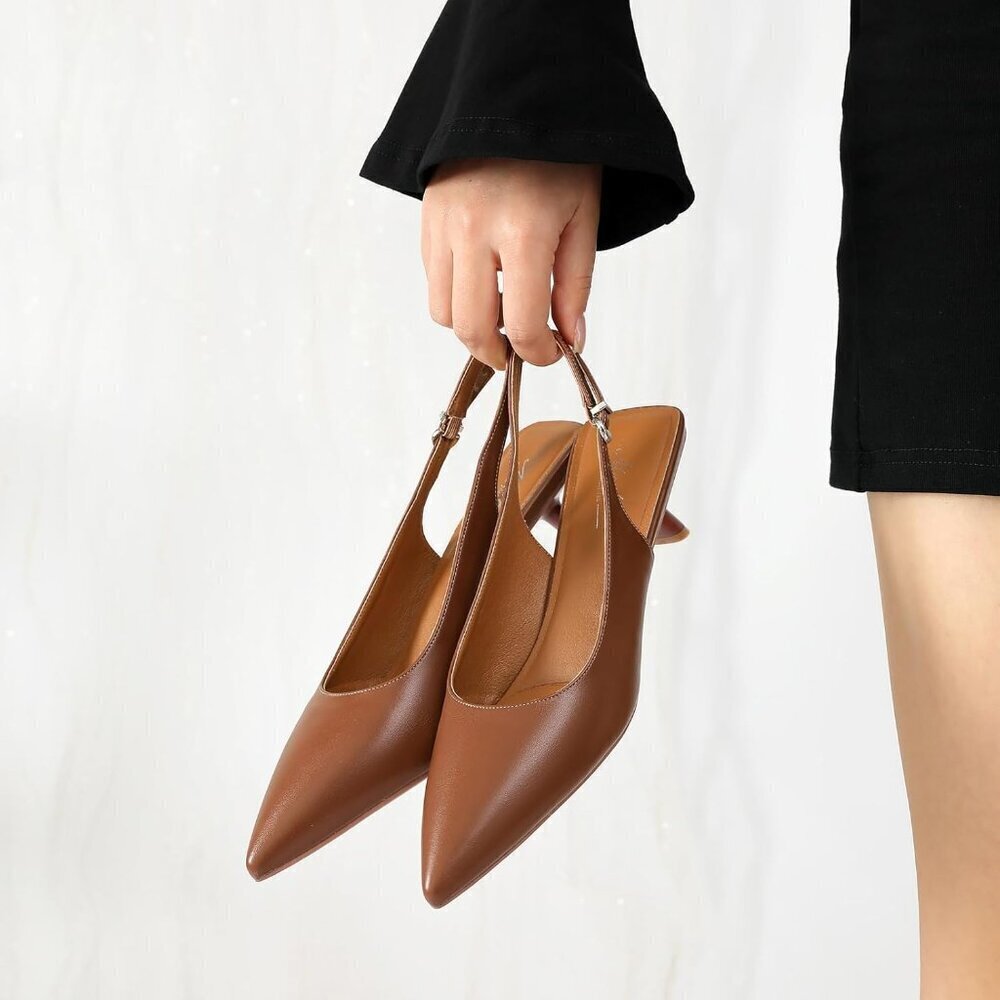 Women's Brown Pu Pointed Toe Pumps Patent Leather Slingback Heels With Buckle - Picture 2 of 9